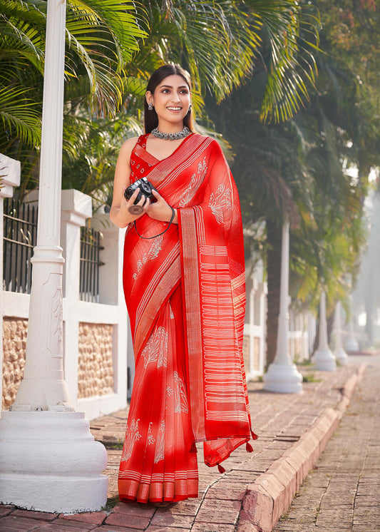 Red Cotton Saree With Blouse For Women
