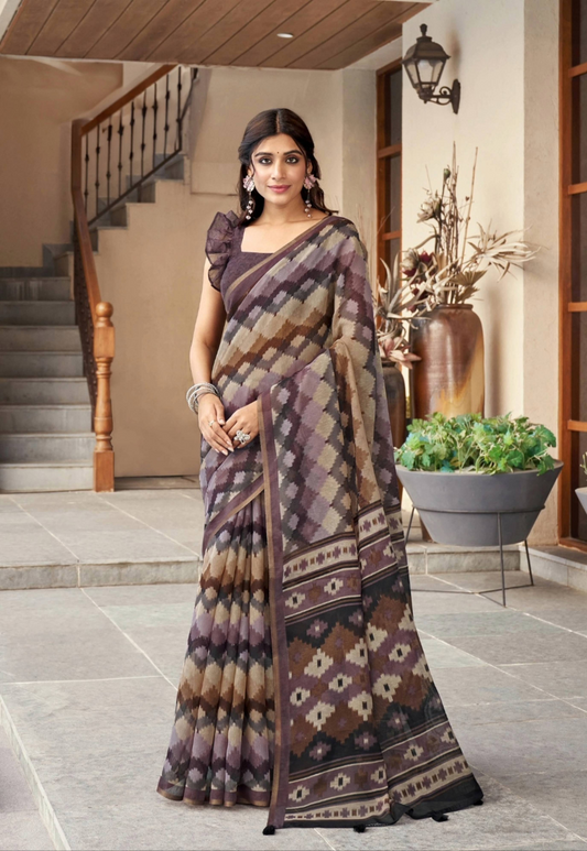 Brown MultiColoured Ikkat Print Cotton Silk Saree With Blouse For Women 67007