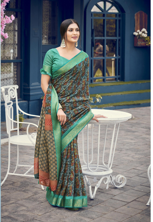 Green Shade Floral Print Cotton Silk Saree With Blouse For Women