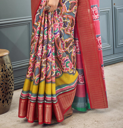 Red Multi Coloured Digital Print Linen Cotton Saree With Green Blouse For Women