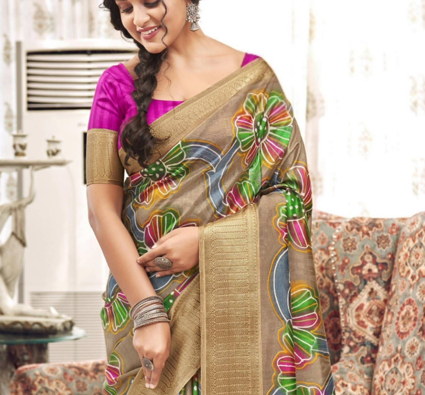 Brownish Multi Coloured Digital Print Linen Cotton Saree With Magenta Blouse For Women