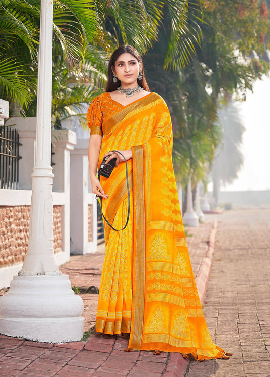 Yellow Cotton Saree With Blouse For Women