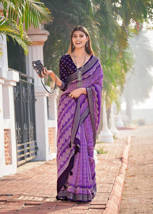 Purple Cotton Saree With Blouse For Women