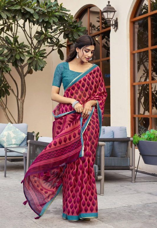 Gajri Multi Coloured Ikkat Print Cotton Silk Saree With Blouse For Women