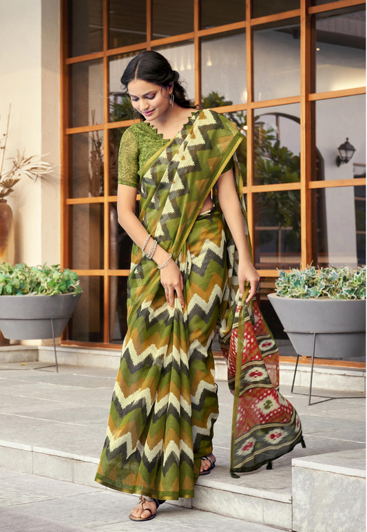Green Coloured Ikkat Print Cotton Silk Saree With Blouse For Women