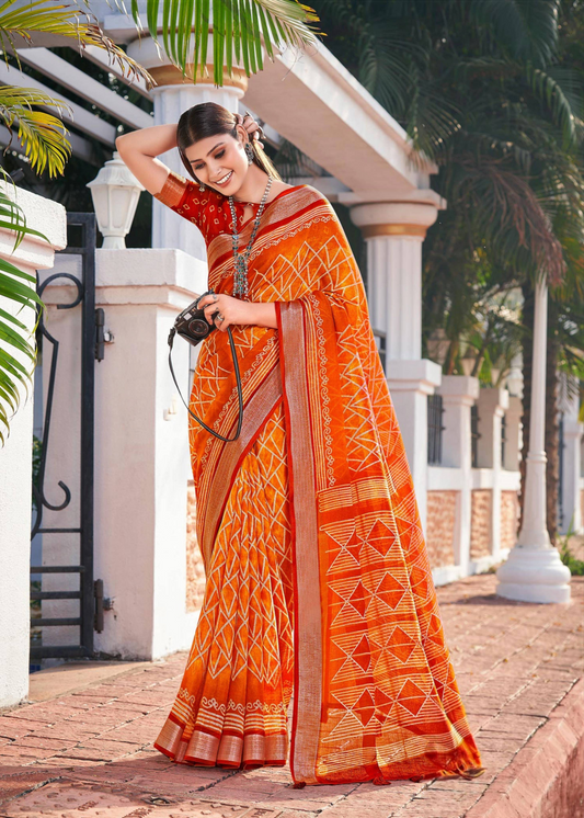Orange Cotton Saree With Blouse For Women