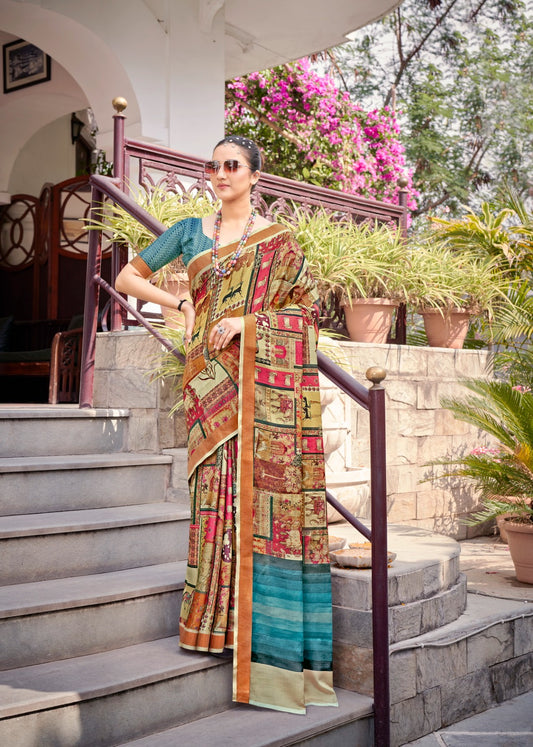 Multi Coloured Tassar Silk Saree With Blouse For Women - 82003