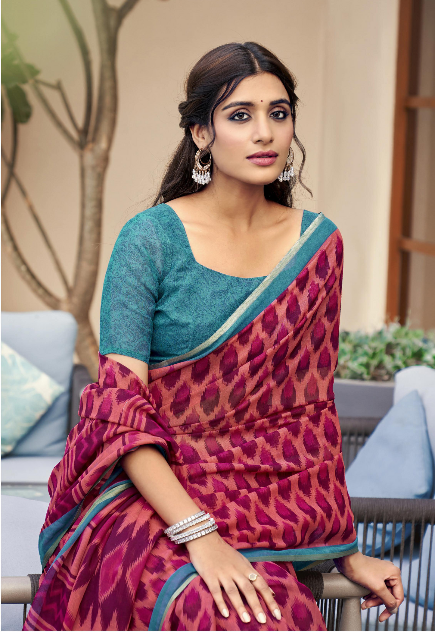 Gajri Multi Coloured Ikkat Print Cotton Silk Saree With Blouse For Women