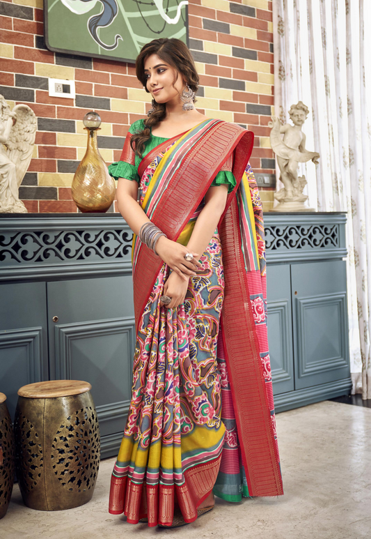 Red Multi Coloured Digital Print Linen Cotton Saree With Green Blouse For Women