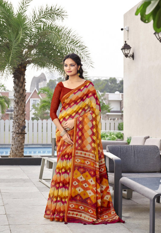 Orange Multi Coloured Ikkat Print Cotton Silk Saree With Blouse For Women