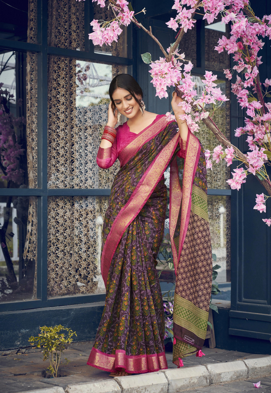 Wine Shade Floral Print Cotton Silk Saree With Blouse For Women