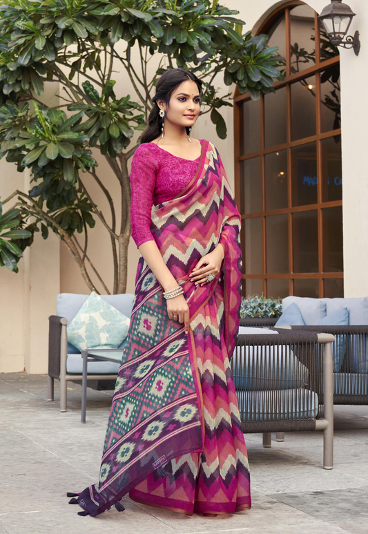 Pink Multi Coloured Ikkat Print Cotton Silk Saree With Blouse For Women