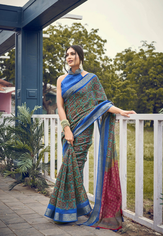 Blue Floral Print Cotton Silk Saree With Blouse For Women