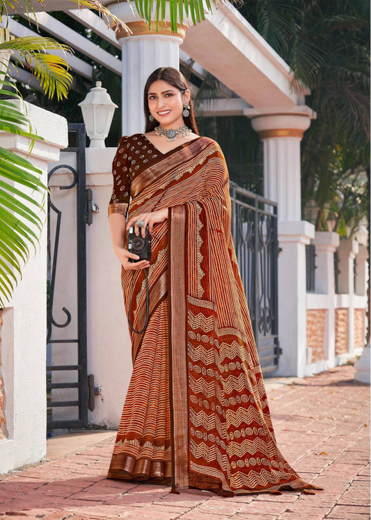 Brown Cotton Saree With Blouse For Women