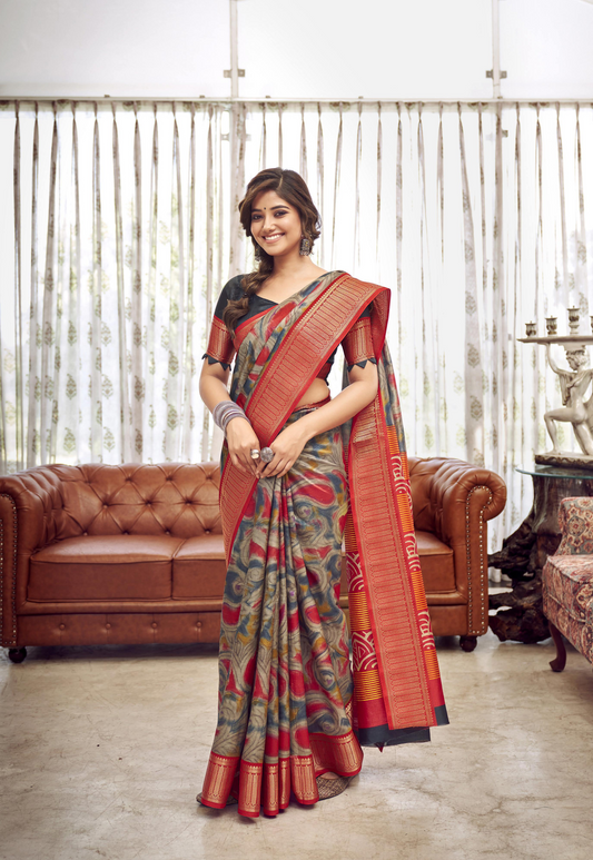 Red Multi Coloured Digital Print Linen Cotton Saree With Black Blouse For Women