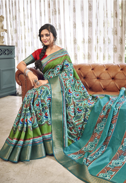 Green Multi Coloured Digital Print Linen Cotton Saree With Red Blouse For Women