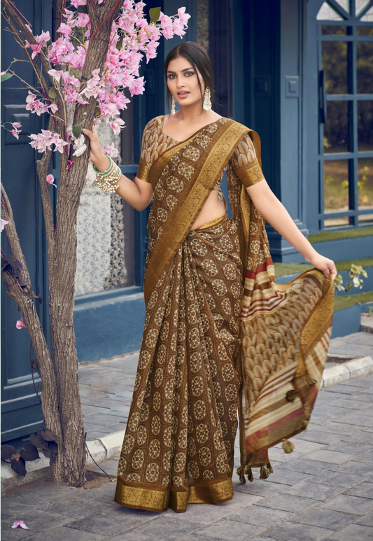 Light Brown Floral Print Cotton Silk Saree With Blouse For Women