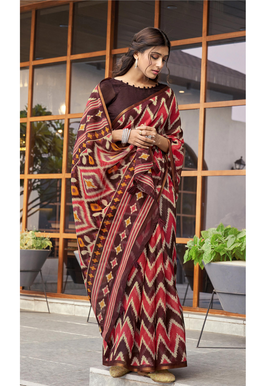 Brown Multi Coloured Ikkat Print Cotton Silk Saree With Blouse For Women