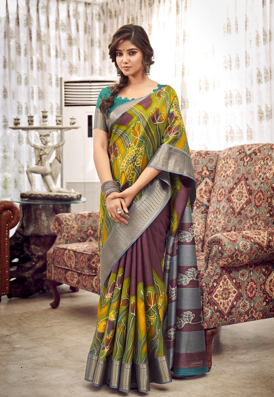 Yellow Multi Coloured Digital Print Linen Cotton Saree With Sea Green Blouse For Women