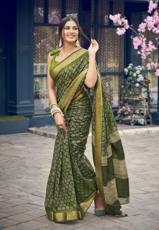 Mehendi Green Floral Print Cotton Silk Saree With Blouse For Women