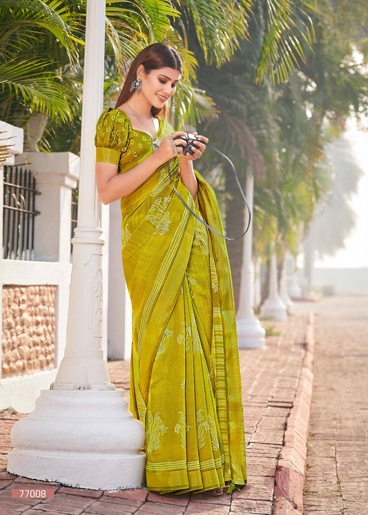 Green Cotton Saree With Blouse For Women