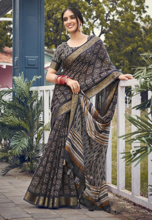 Dark Grey Floral Print Cotton Silk Saree With Blouse For Women