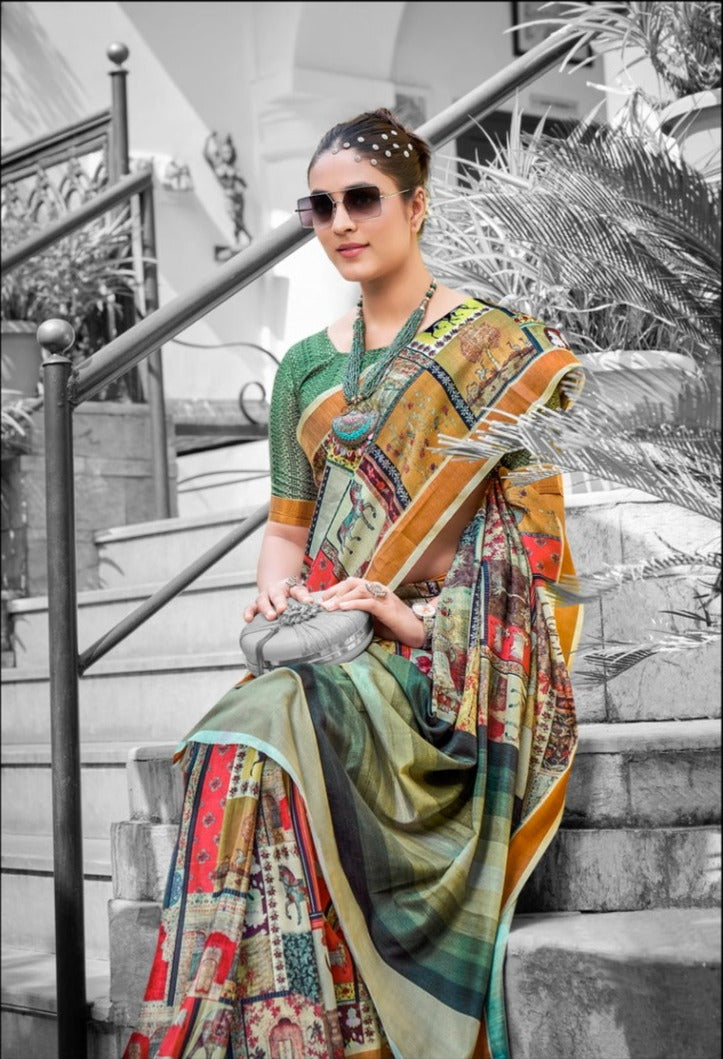Multi Coloured Tassar Silk Saree With Blouse For Women - 82007