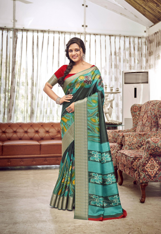 Sea Green Multi Coloured Digital Print Linen Cotton Saree With Red Blouse For Women