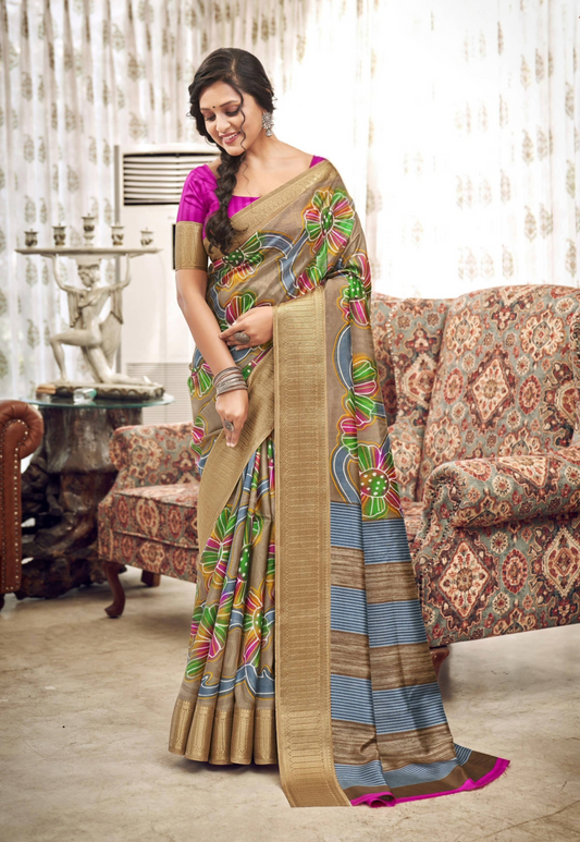 Brownish Multi Coloured Digital Print Linen Cotton Saree With Magenta Blouse For Women