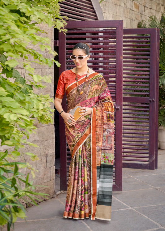 Multi Coloured Tassar Silk Saree With Blouse For Women - 82001