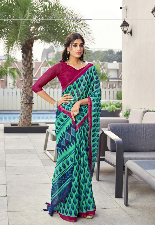 Sea Green Ikkat Print Cotton Silk Saree With Blouse For Women